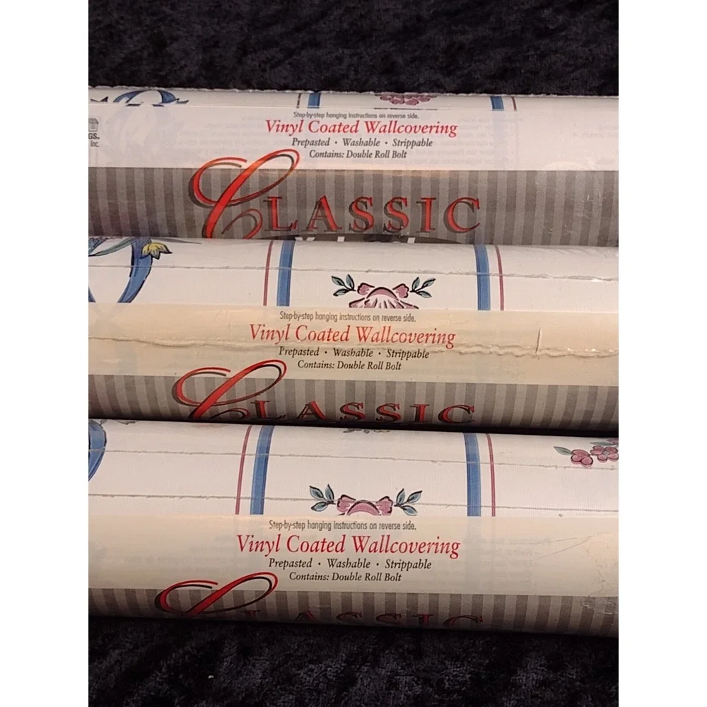 Vintage 3 Rolls Borden Wallpaper Blue Mauve Striped Bows Flowers Cottagecore